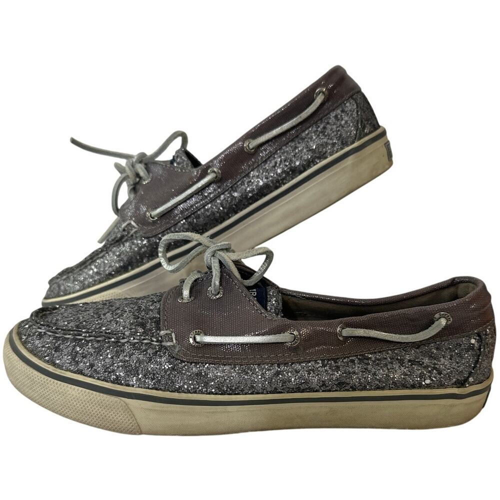 SPERRY Silver Sequin Boat Top Sliders Shoes Size 9